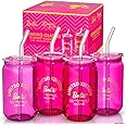 Dragon Glassware x Barbie Drinking Glasses - Pink and Magenta - 16 oz Can Shaped Glass Cups with Lids and Straws Set of 4 - Iced Coffee Cups with Lids - Glass Tumbler with Straw and Lid