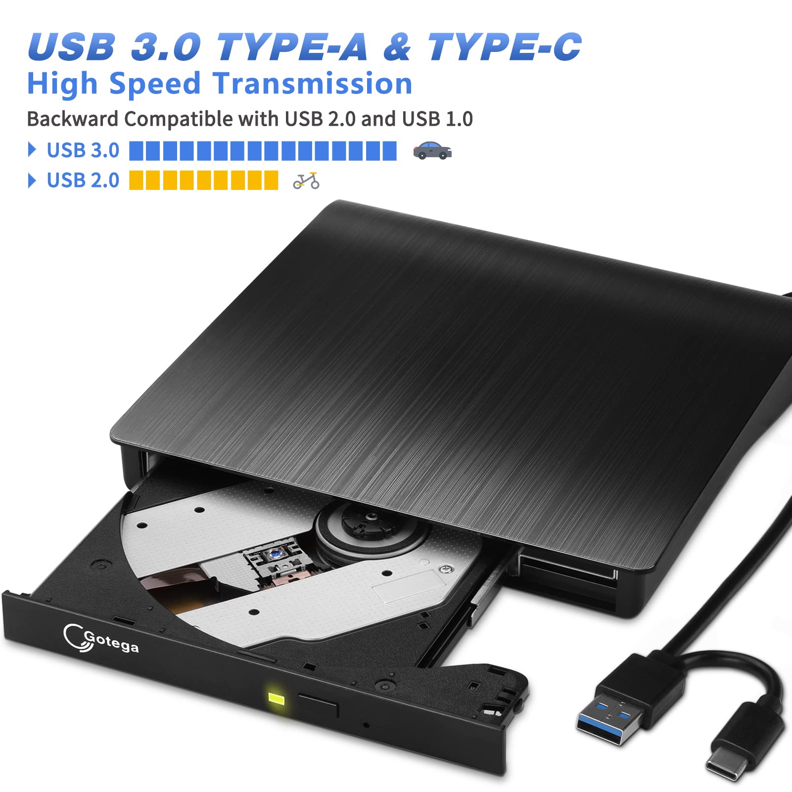 Gotega External DVD Drive USB 3.0 Type C USB C Portable CD/DVD +/-RW Disk Drive External DVD Player for Laptop CD/DVD ROM Burner Reader Compatible with Desktop PC Windows Linux OS Apple Mac