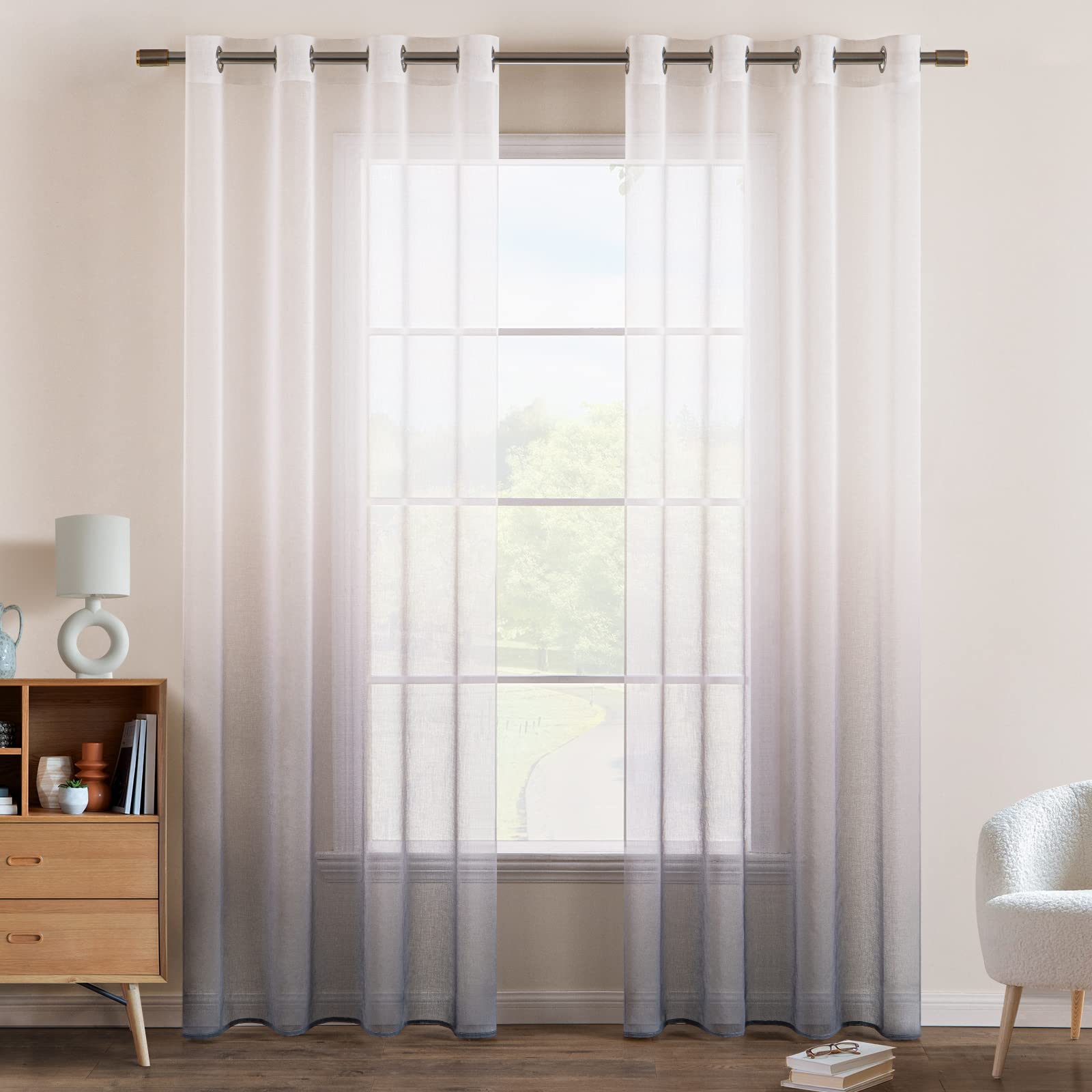 EMEMA Transparent Voile Sheer Curtains with Eyelets Colour Gradient Decorative Curtain Window Curtain for Bedroom and Living Room 225 cm x 140 cm (H x W) Set of 2 White Grey