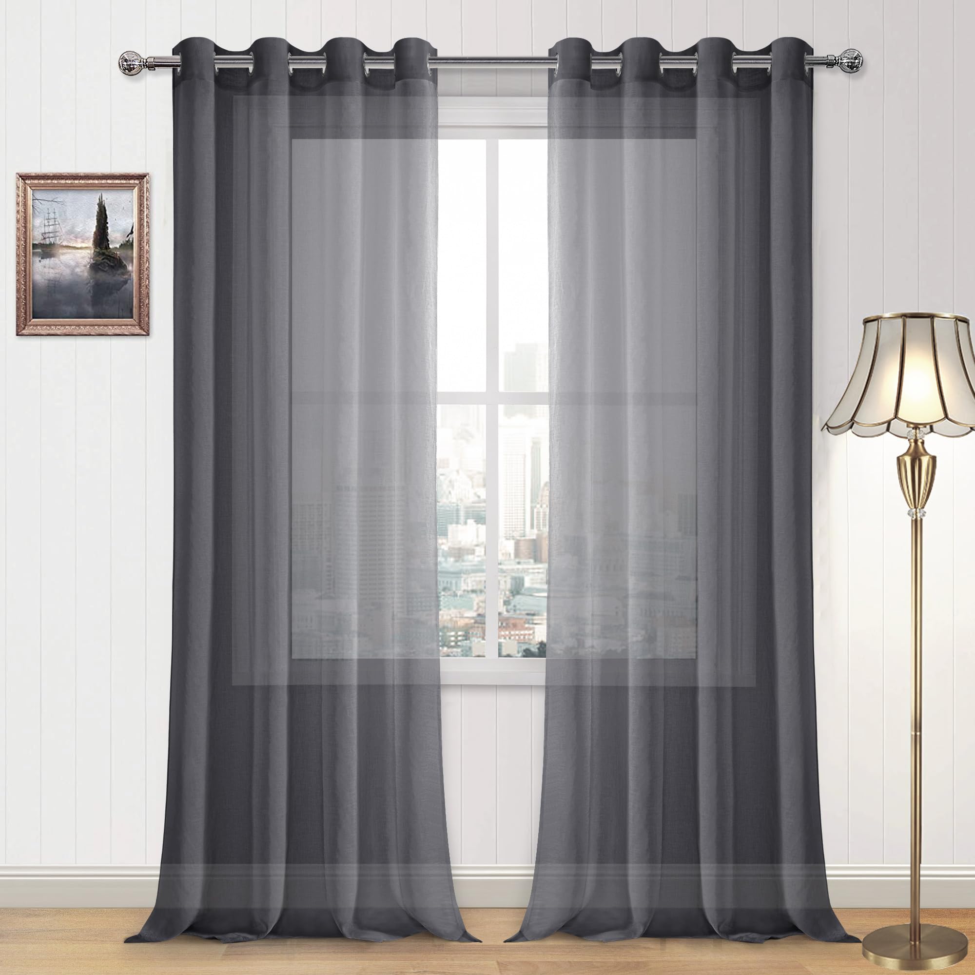DWCN Semi Sheer Curtains, Grommet Top Window Drapes for Bedroom Living Room, Faux Linen Look Voile Transparent Solid Sheer Curtains Set of 2 Panels 52 x 95 Inches Long, Dark Grey