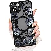 AIGOMARA for iPhone 15 Case, Compatible with MagSafe, Cute Rose Flower Pattern with Semi-Transparent Frosted Phone Case for Woman Gilrs Soft TPU and PC Back Protective Slim Phone Cover Black