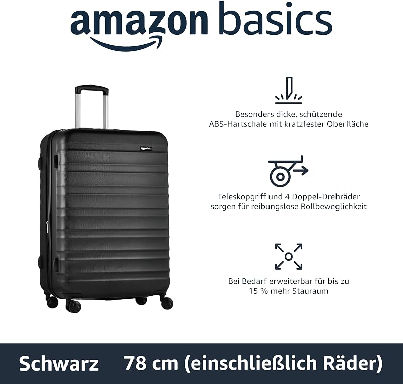 Hartschalen-Koffer Groß, Erweiterbares ABS-Reisegepäck, 4 Doppel-Spinnerräder, Kratzfest, 78cm x 52,6cm x 32cm, 105l, 5,4kg, Schwarz, für Längere Reisen und Familienurlaub — Foto 2 von 7