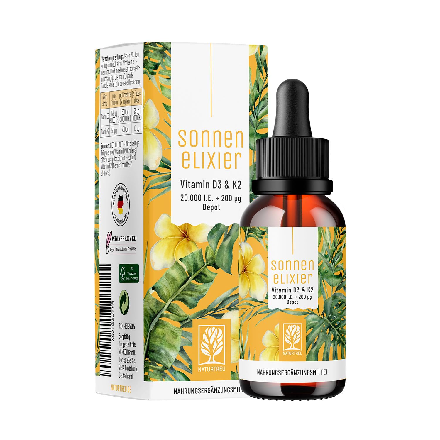 NATURTREU® Vitamin D3 K2 Tropfen hochdosiert & vegan - 20.000 I.E Vitamin D3 + K2 MK7 200 mcg pro Dosis (Depot)