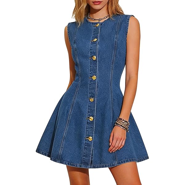 TACSTRUN Women's Vintage Denim Vest Dress Sleeveless V-Neck Buttons Loose  A-Line Midi Jean Dress,Blue,S at Amazon Women's Clothing store