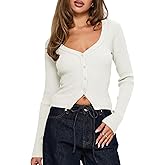 Women Button Up Fitted Cardigan Long Sleeve V Neck Cami Shirt Y2k Ribbed Crop Tops