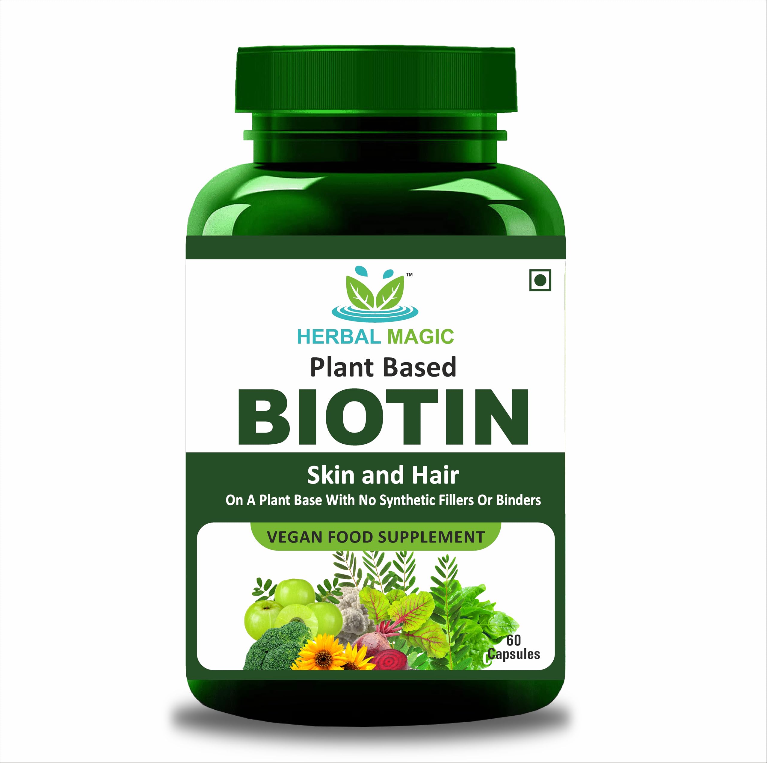 Herbal Magic's Pure & Natural Blend - Biotin x 60 Capsules - UKAS LAB Tested in UK (1000mcg in 2 caps) - Made from 14 x Fruits, Vegetables & Herbs - Free from fillers/Preservatives/Color/Maltodextrin