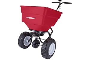 Earthway 2170 Commercial 100 LB Broadcast Fertilizer Spreader. Red, Heavy-Duty Walk-Behind Push Garden Seeder with Adjustable Drop Rate and Driving Handle. Large 13 inch Pneumatic Stud Tires