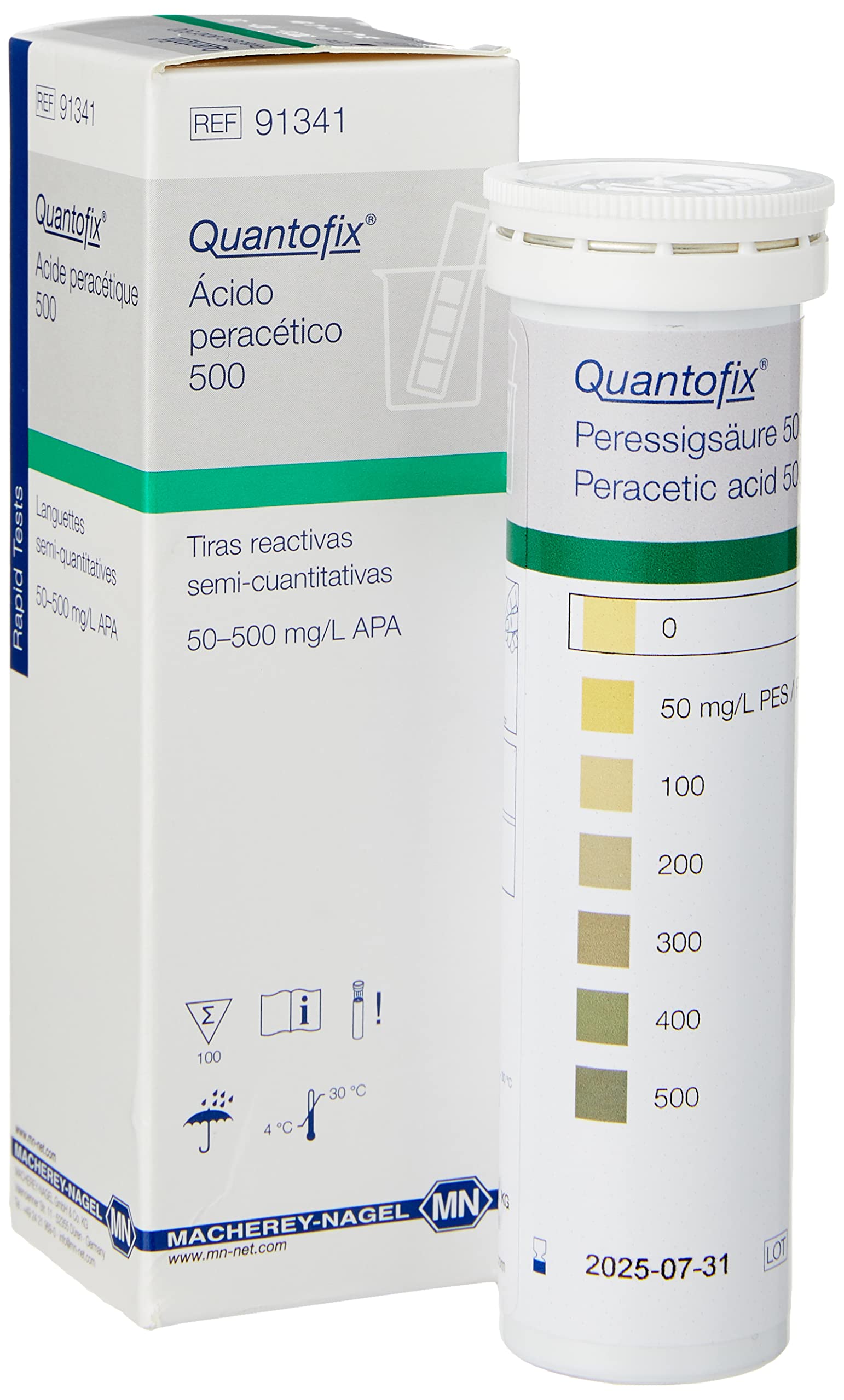 Quantofix 1171643 Peracetic Acid 500 Reagent Test Strips for testing peracetic acid, CE marked 6mm x 95mm Pack of 100