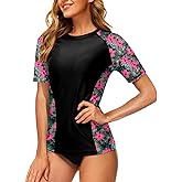 AOBUTE Women Short Sleeve Rash Guard UPF 50+ Tropical Sun Protection Floral Swim Shirts
