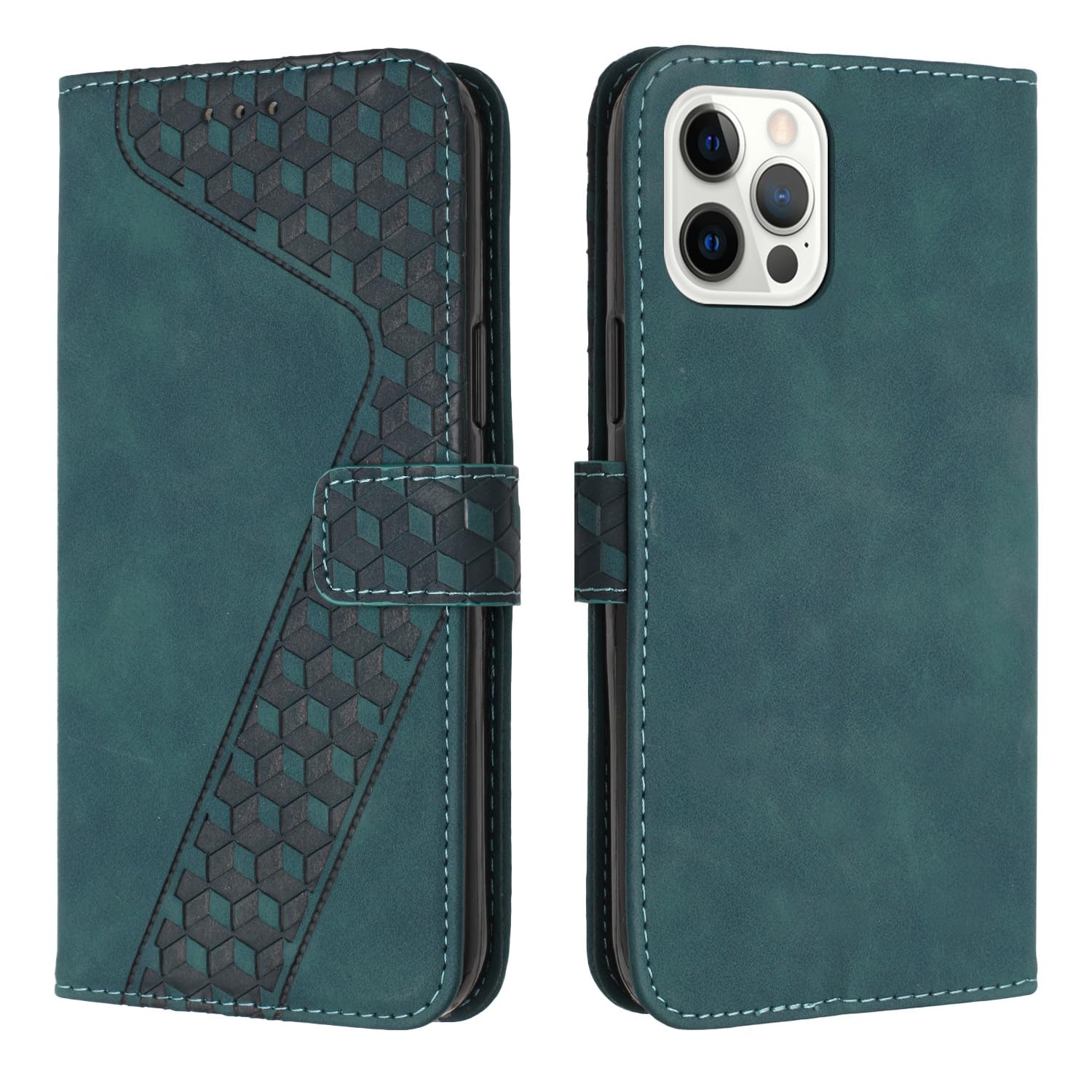 TOHULLE for iPhone 12 Pro Max Case, Premium Leather Wallet Case Card Holder Kickstand Magnetic Closure Plaid Pattern Embossed Design Flip Folio Wallet Cover for iPhone 12 Pro Max - Green