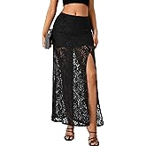 Rooscier Women's See Through Sheer Lace High Slit A Line Sexy Maxi Skirt with Under Skirt
