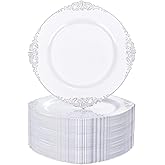 Nervure 100Pcs White and Silver Plastic Plates - 7.5 inch White Plastic Plates with Silver Rim - Disposable Dessert Plate for Wedding & Party