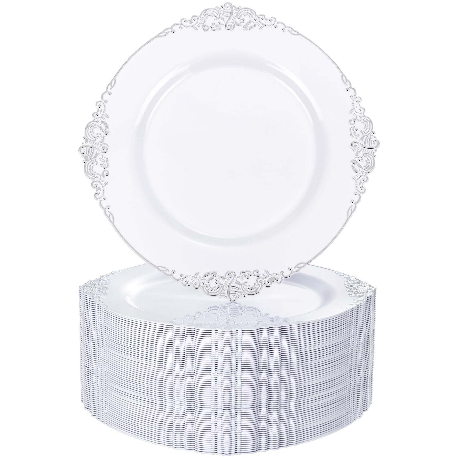 Nervure 100Pcs White and Silver Plastic Plates - 7.5 inch White Plastic Plates with Silver Rim - Disposable Dessert Plate for Wedding & Party Image