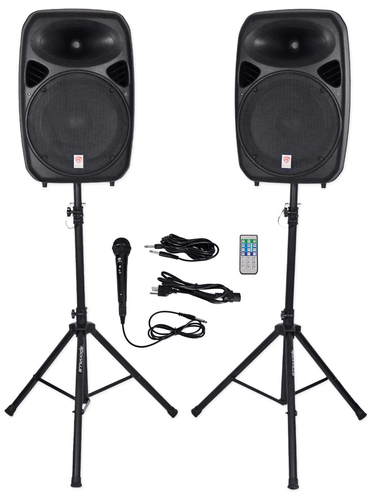 Rockville RPG152K Dual 15" Powered, Bluetooth+Mic+Speaker Stands+Cables