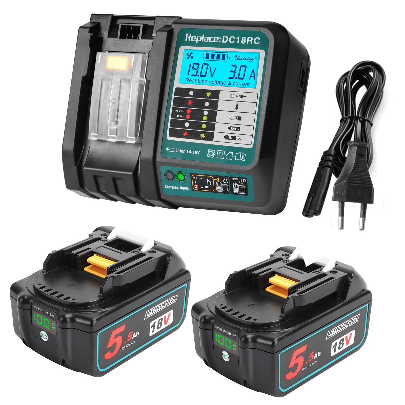 Powarobor 2 Stück BL1850B 18V 5,5Ah Li-ion Ersatz Akku mit DC18RC Ladegerät Starter Kit Kompatibel mit Makita 18V Akkus BL1860 BL1830 DC18RA DC18SD LXT-400 Elektrowerkzeuge