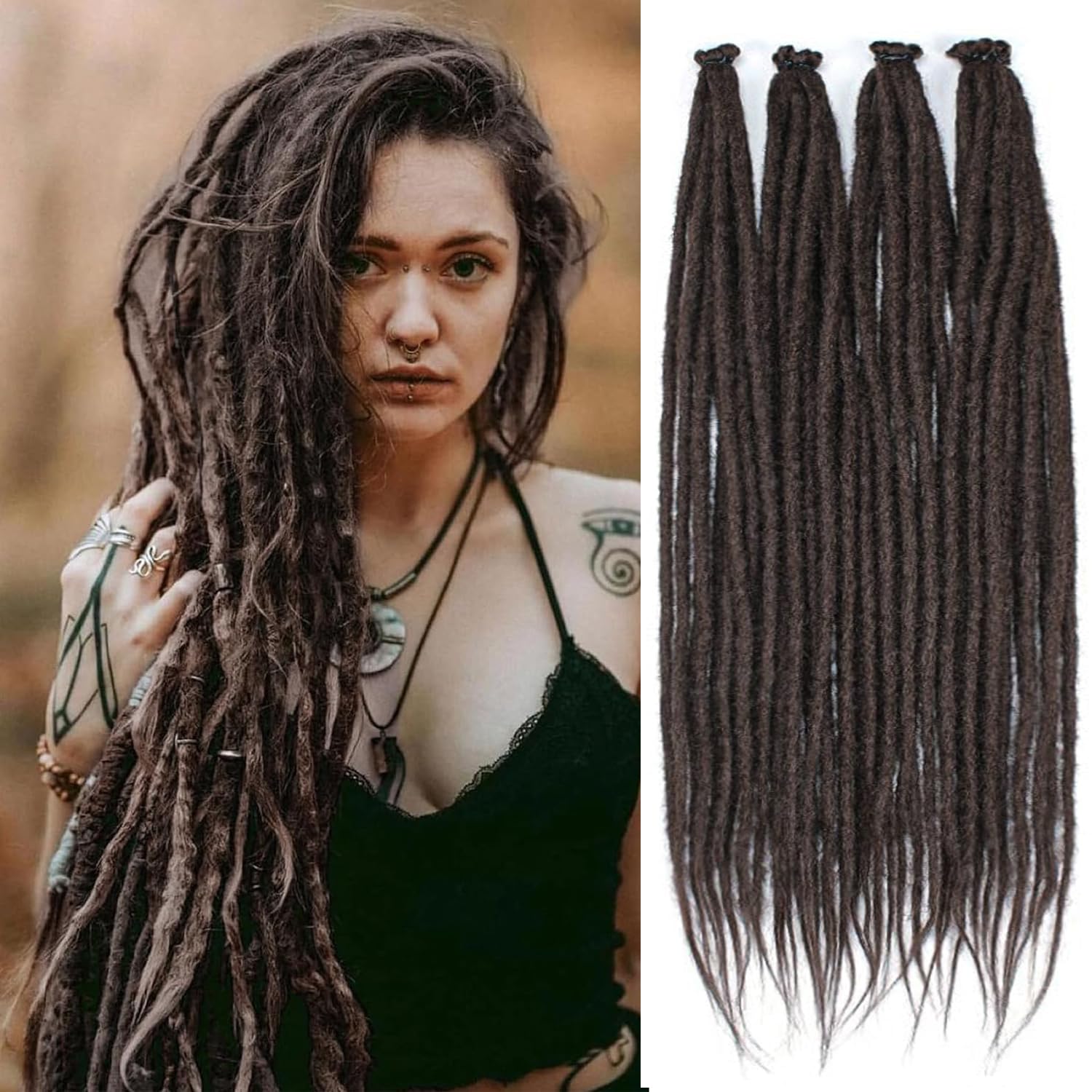PORSMEER 20 Strands/Pack Dark Brown Synthetic Dreadlocks Extensions,Handmade Hippie Dreadlock 0.6 Width Soft Dreads Hair Reggae Style Locs Crochet Braiding Hair for Women or Mens,18 inch