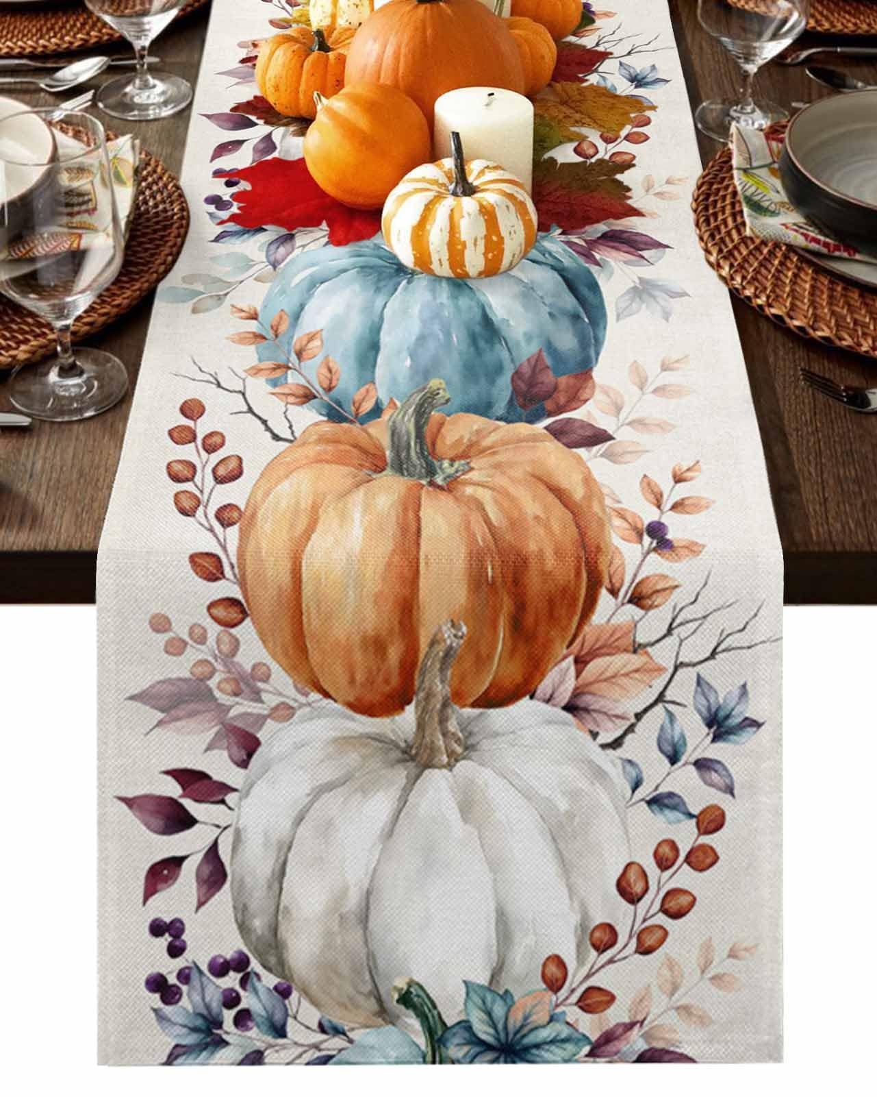 Photo 1 of ***SIMULAR*** Orange Blue Pumpkins Fall Table Runner 36 Inches Long for Kitchen Dining, Thanksgiving Eucalyptus Leaves Dresser Scarf Farmhouse, Autumn Dining Table Decorations for Wedding/Parties, 13 x 36 in