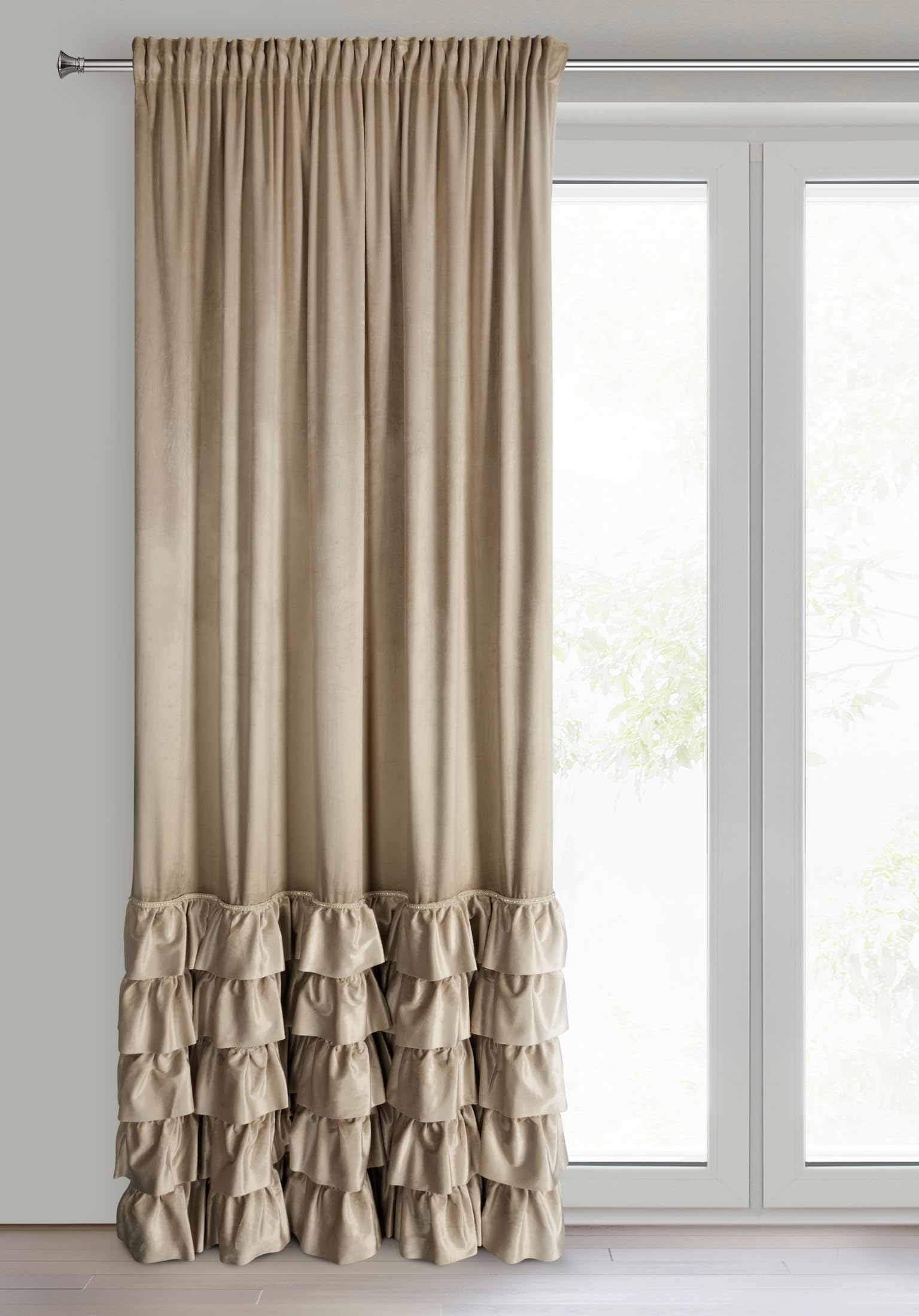 Eurofirany Carli Velvet Curtain with Ruffle Tape, 1 Piece, Opaque Blackout Curtain for Living Room, Bedroom, 140 x 250 cm, Dark Beige