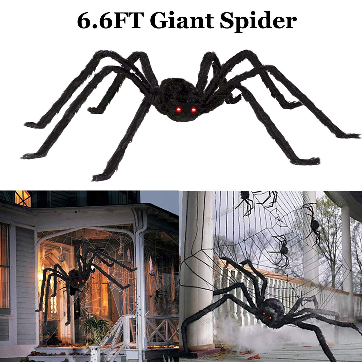 TissueDeep Giant Spider for Halloween Decorations Large Black Hairy Spider with Red Eyes Indoor Outdoor Decor Halloween Decor (6.6ft)