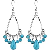 Teppdfann Turquoise Boho Earrings for Women – December Birthstone Jewelry with Teardrop Earrings Design, Silver Tassel Dangle Earrings Featuring Blue Gemstone
