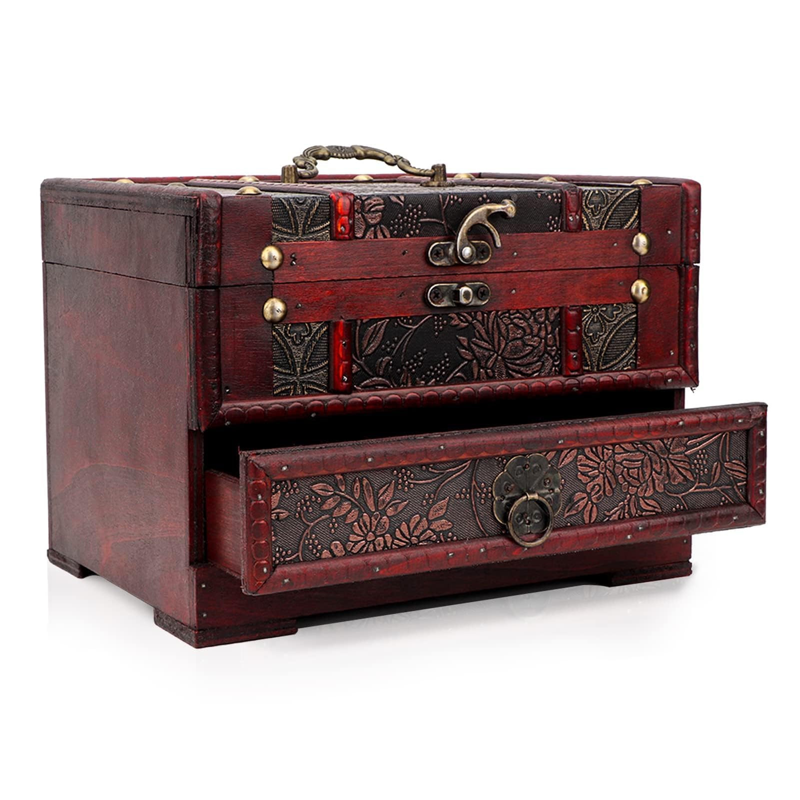 HERCHR Wood Jewelry Storage Box, Large 2-Layer Jewellery Organizer with Mirror Jewellery Case for Rings Bracelets Earrings Necklaces, Gift for Girls and Women