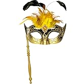 MYSEUNI 2025 Masquerade Mask for Women with Stick- Feather Masquerade Venetian Mask for Carnival, Cosplay Prom, Wedding