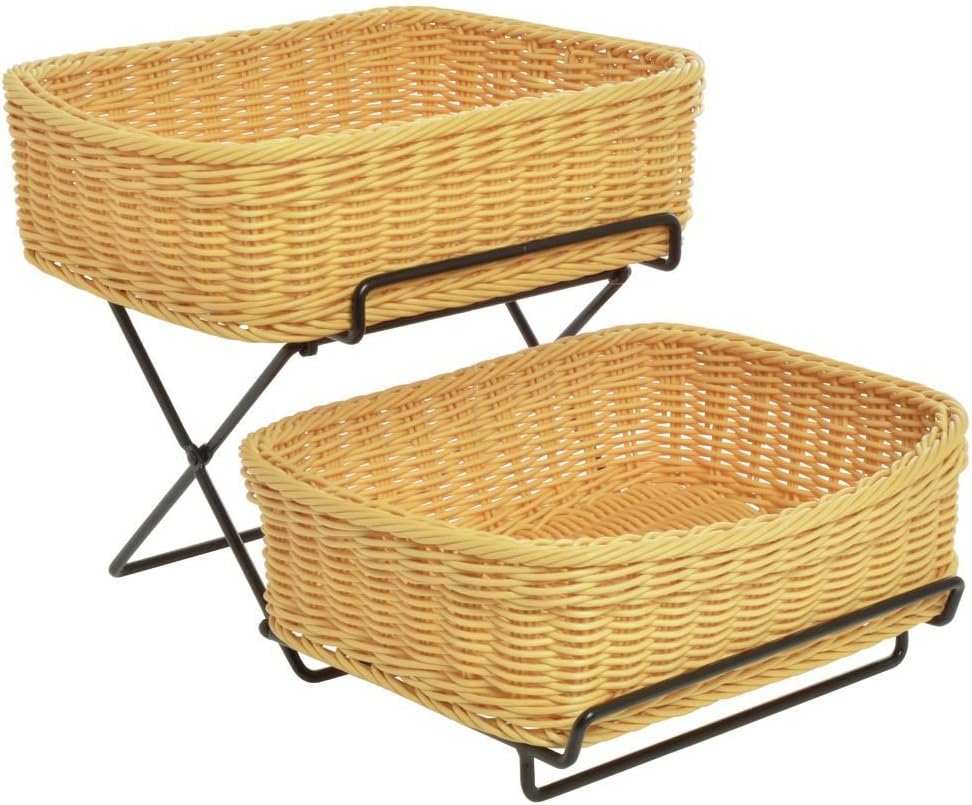 Merchandising Rack 2-Tier Black with 2 Light Beige Synthetic Wicker Baskets - 13"L x 18"W x 11 1/4"H
