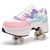 ANEFUN Roller Skates 4 Wheel Pop-Up Transform Roller Skates Flats Hidden Heel Switch Instant Transformation Suitable for Girls, Boys, Women, Men White-Pink