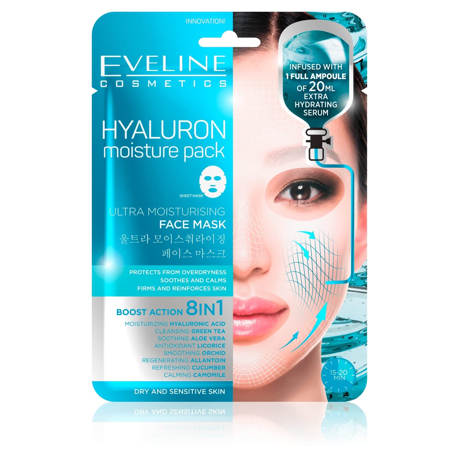 Eveline Cosmetics Maski Płachtowe Ultra-Hydrating 8-in-1 Hyaluronic Acid Sheet Mask with Asian Formula, Natural Extracts, Vegan