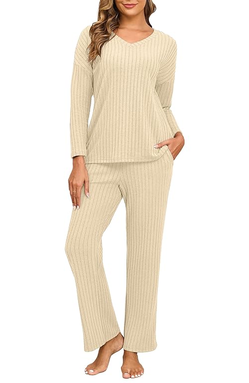 PrinStory Womens Pajama Sets Long Sleeve Lounge Set 2 Piece Pajamas Fall Winter Pjs for Woman Loungewear with Pockets Light Yellow-XL