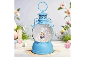 DGSCAK Easter Snow Globe, 9.4" Bunny Snow Lanterns with 6Hr Timer, Battery or USB Powered Easter Bunny Figurine Snowglobe, Easter Decorations Indoor, Easter Gifts for Kids and Adults Blue Spring Decor