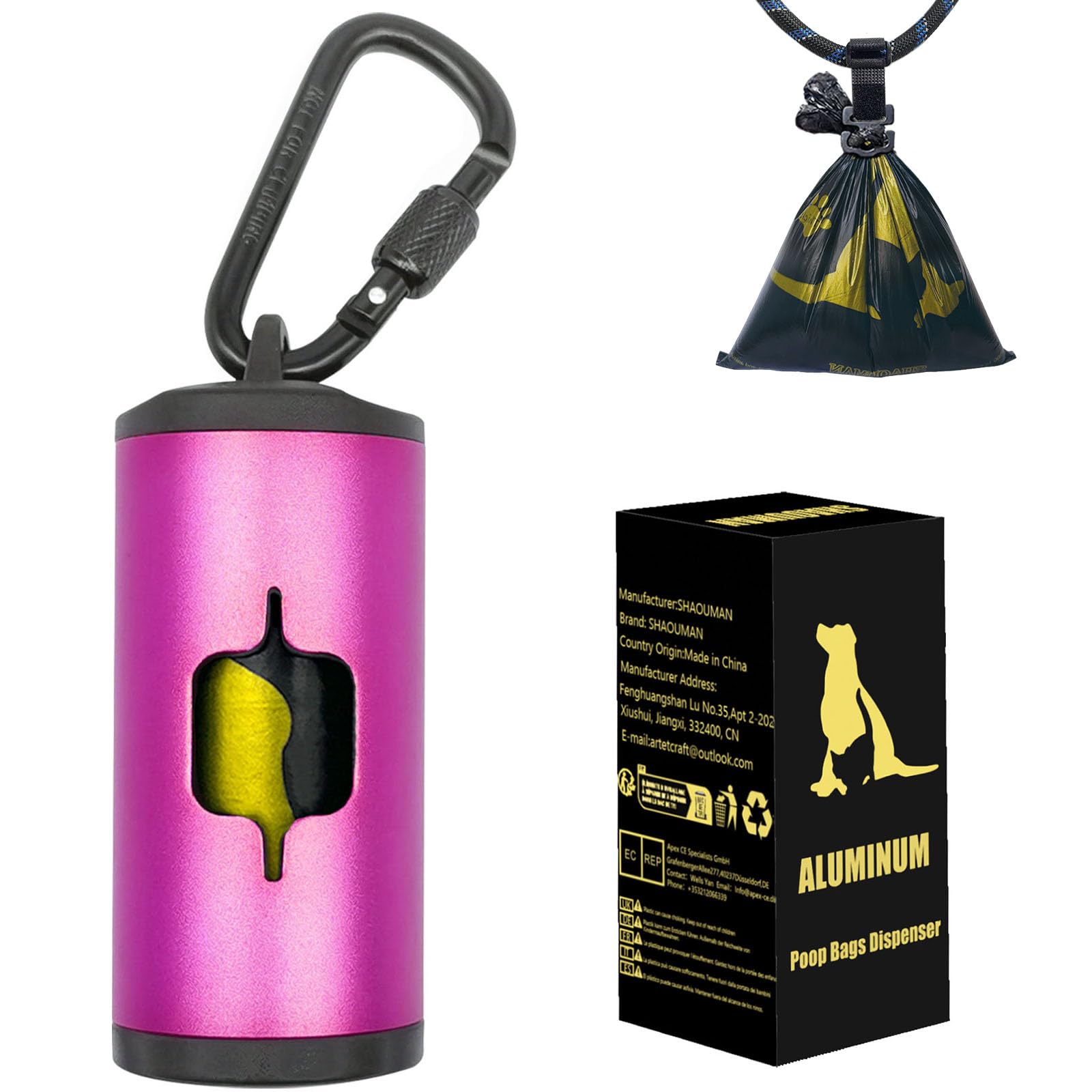 SHAOUMAN Metal Dog Poop Bags Holder Aluminum Poo Bags Dispenser with 15 Black Unscented Pet Waste Bags and 3 Leash Accessories for Dog Walking(1 Holder 15 Bags,Pink)