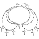 Silver Gothic Cross Waist Chain Belt,Gothic Cross Pendant Waist Chain Belt,Metal Adjustable Punk Belly Chains,Chunky Punk Goth Waists Chains,Jewelry Accessories for Women Clothes and Dress