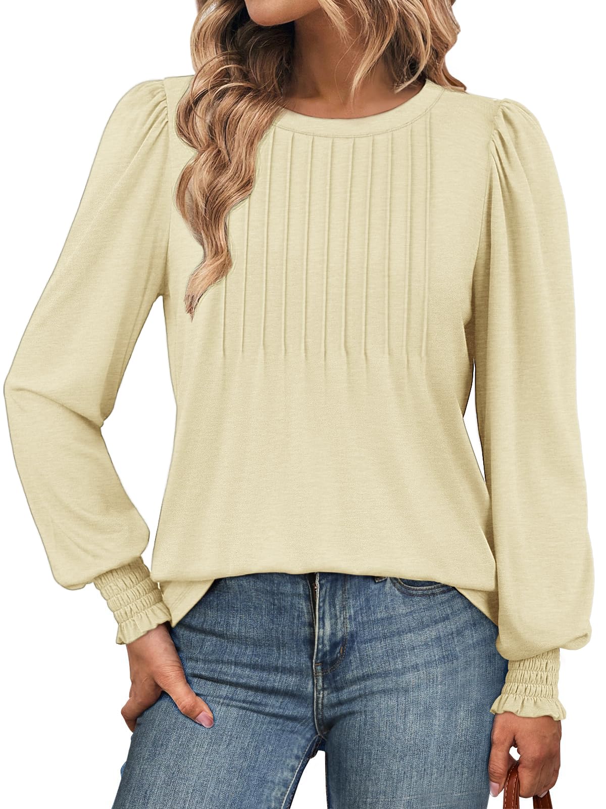 ATHMILE Thanksgiving Outfit Long Sleeve Shirts Womens Fall Fashion 2025 Business Casual Tops Trendy Dressy Blouses Cute Work Loose Fit Tee T Tshirt with Smocked Cuffs Cream