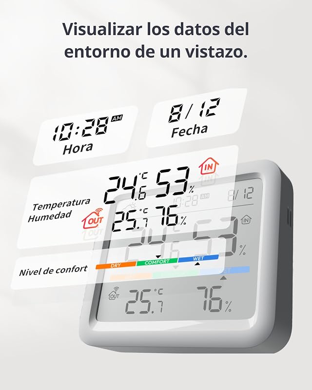 Bluetooth Estación Meteorológica para Hogar Sensor Exterior Inalámbrico, Monitor Temperatura/Humedad con Fecha y Previsión Meteorológica, 120m Bluetooth, Archivo de Datos Gratis Exportar