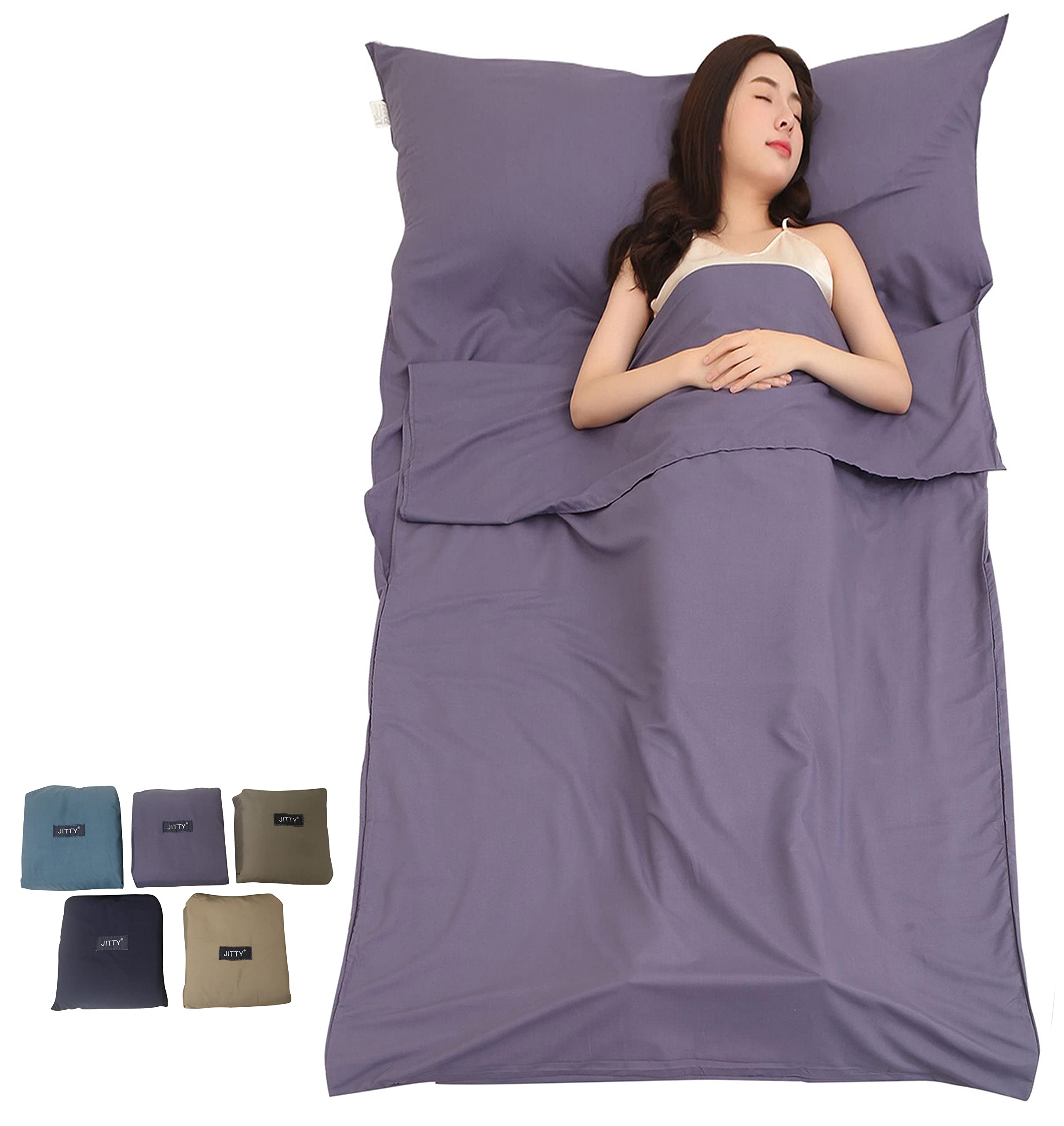 JITTY Sleeping Bag Liner 210x115cm Portable Lightweight Travel Sheet With Pillow Slot for Hotel Hostels Business Camping Backpacking Hiking Home(Grey Blue)