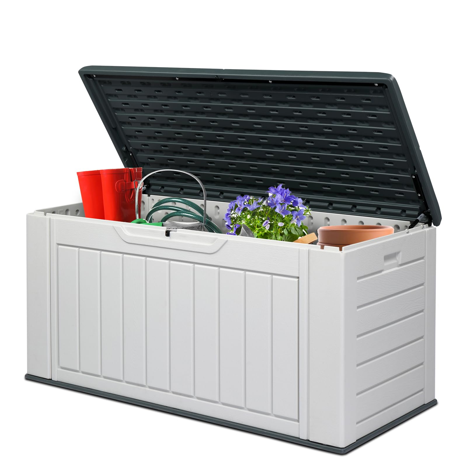 Photo 1 of  ***(MISSING BOX 2 OF 2, THIS IS LID & BOTTOM ONLY SELLING AS PARTS….BOX RIPPED/TORN)***
 VINGLI Upgraded 158 Gallon Outdoor Storage Box, Lockable Resin Storage Containers with Lid, Wooden Grain Surface Deck Box Patio Furniture for Garden, Pool, Balcony, 