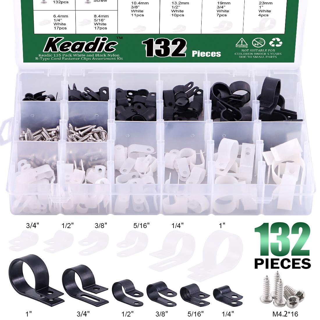 SAKOBS 132 Pack R-Type Cable Clips & Screws Kit, Nylon Insulated White and Black Cord Fasteners for Wire Management