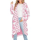 Saodimallsu Womens Checkered Long Cardigans Chunky Oversized Open Front Batwing Sleeve Color Block Knit Sweater Coats