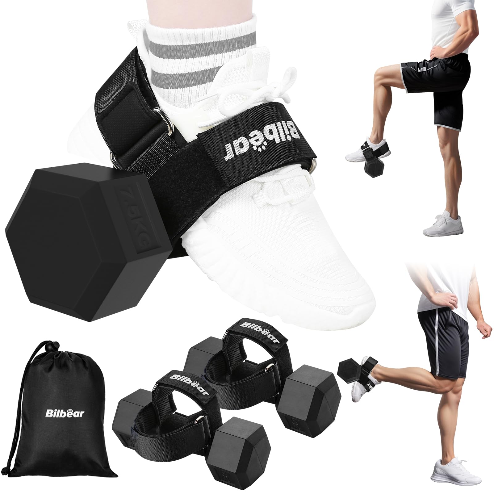 Bilbear 2Pcs Tibialis Trainer Strap for Shin Splint Relief, Hip Flexor Raises, Knee Raises & More - Adjustable Dumbbell Foot Attachment, Black & Blue, Nylon & Hook and Loop Fastener, 20lbs Max Weight