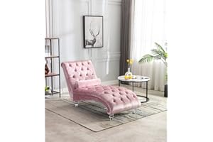KINFFICT Velvet Chaise Lounge Chair with Toss Pillow, Modern Tufted Button Upholstered Indoor Sleeper Chair with Acrylic Legs for Living Room, Bedroom, Pink