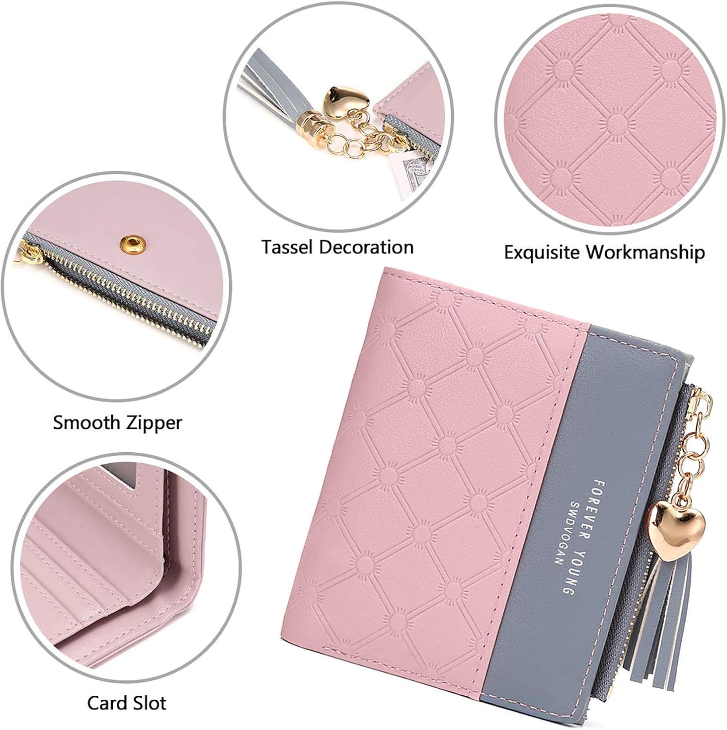 ZhengYue Purse for Women,Ladies Purse Small Leather Wallet with RFID Blocking,Vegan Leather Women Purse with Zipper Coin Purse and Multiple Card Slots for Cash,Cion,Card,Bill Pink - Image 3