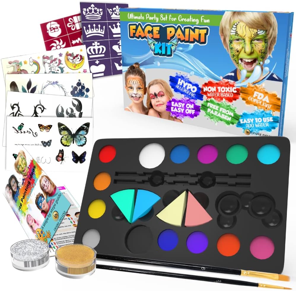 Desire Deluxe Face Painting Kit for Kids 16 Colors Non-Toxic Hypoallergenic