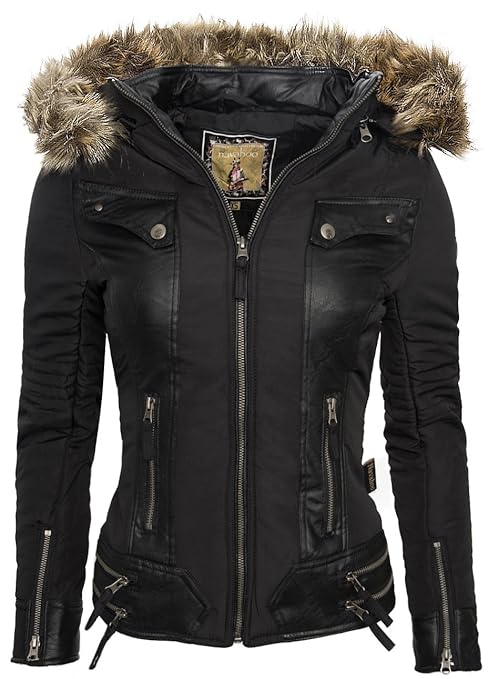 Navahoo Damen Winter Frühling Übergangs Stepp Jacke Biker Kunstleder schwarz B177