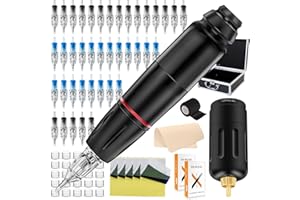 Tattoo Machine Kit - Ruicoo Tattoo Machine Kit with Rotary Professional Tattoo Pen wireless Power Supply 40Pcs Cartriage Needles Practice Skin Transfer Papers for Tattoo artists and Supplies