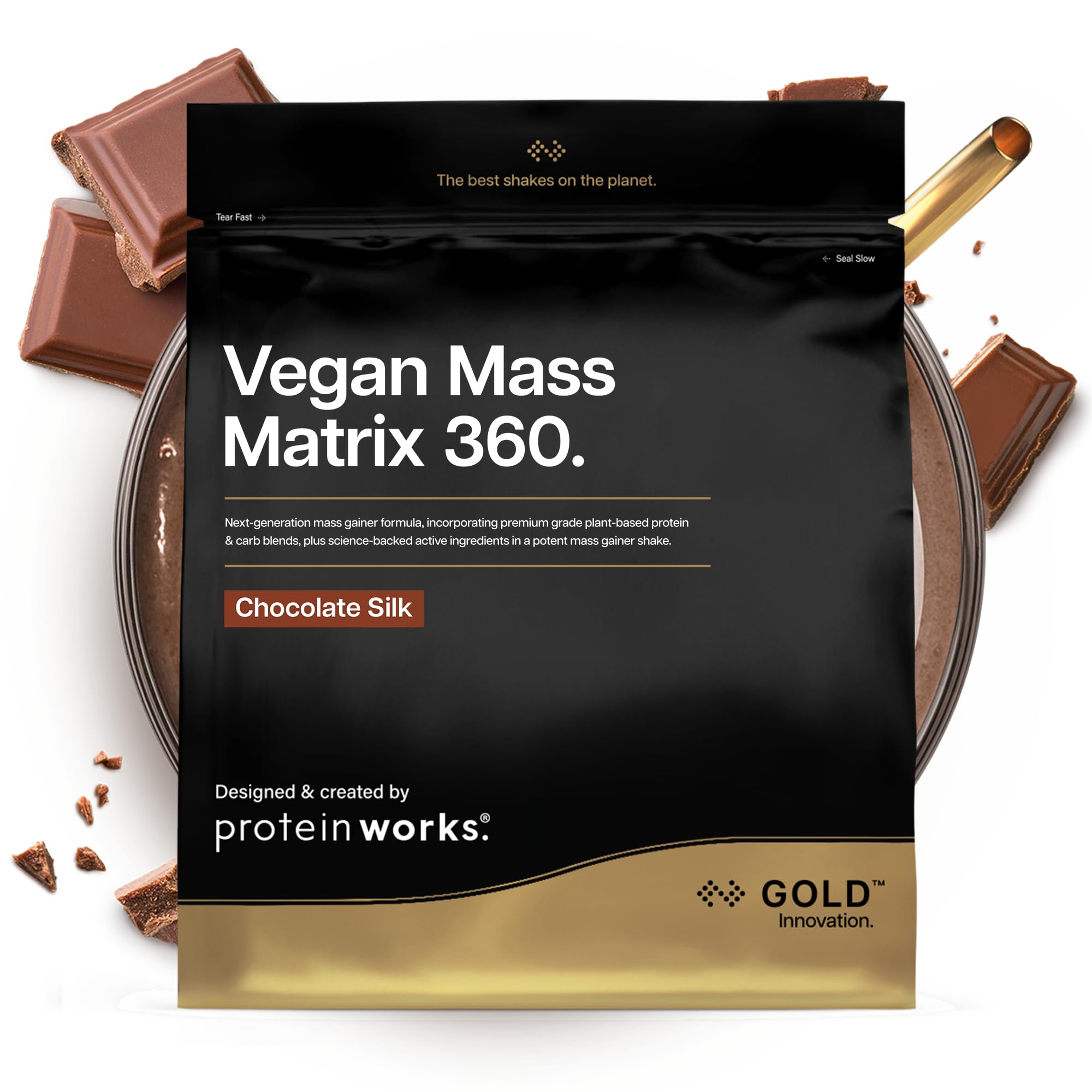 Protein Works | Vegan Mass Matrix 360 - Gold Innovation, Vegan Mass Gainer, Weight Gain Supplement, Tri Protein Blend, Amino Acids, Post Workout Protein Shake, Chocolate Silk, 10 Servings, 2kg