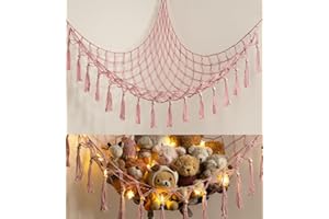 TCGPRO Stuffed Animal Storage Hammock Corner with LED Light - Toy Hanging Organizer Plushie Net - Pink Room Decor for Teen Girls - Cute Bedroom Aesthetic Nursery Kids Baby Toddler