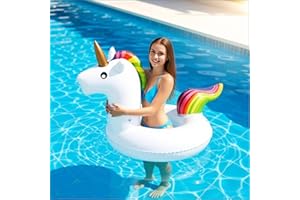 Inflatable Unicorn Pool Float Raft with Rainbow Mane, Large Ride-On Swimming Ring for Adults & Kids, Summer Party Beach Pool 