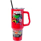 Silver Buffalo Marvel Avengers, Double Walled Stainless Steel Tumbler, 40oz | Captain America, Thor, Hulk, Iron Man, Spider-Man, Black Widow, Includes Handle and Straw, Fits in Standard Cup Holder