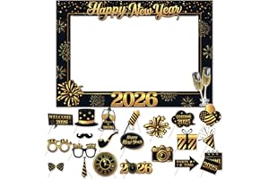 HEYPRIIL Happy New Year Photo Booth Props 2026, New Years Eve Party Decorations with Photo Frame for Nye, Funny Photo Booth Pose Signs Selfie for Men Women(Black and Gold)
